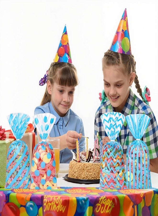 Capesaro 50 Pieces 10.6 x 5.1 In Blue Cellophane Treat Bags Candy Gift Bag with Twist Ties Stripes Polka Dot Printed Pattern Goodie Bag for Birthday Weddings Party Favors - Image 4